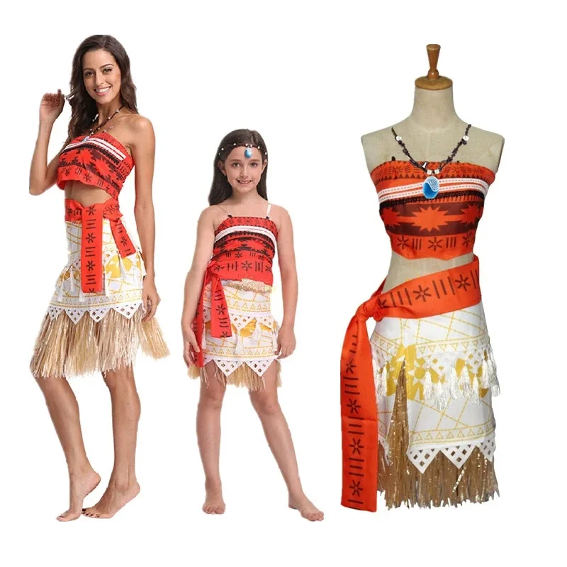 Anime Vaiana Moana Princess Costume Dress Ocean Maui Moana Dress Mao Necklace Girls Adult Kids Party Halloween Performance Suits