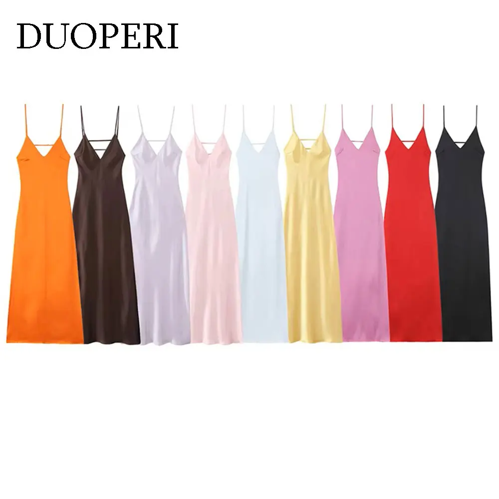 DUOPERI Women Fashion Solid Satin Pleated Backless Zipper Midi Dress Sexy Thin Straps V-Neck Female Chic Lady Dresses