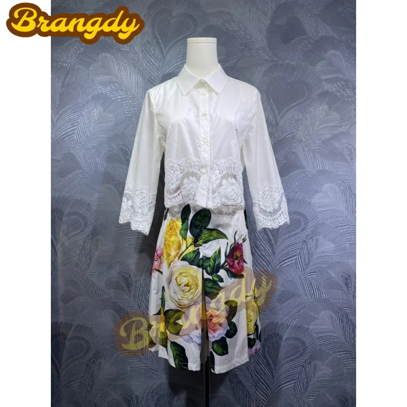 

Brangdy Luxury 2025 Summer New Cotton Stitching Lace Shirt with Middle Pants Suit