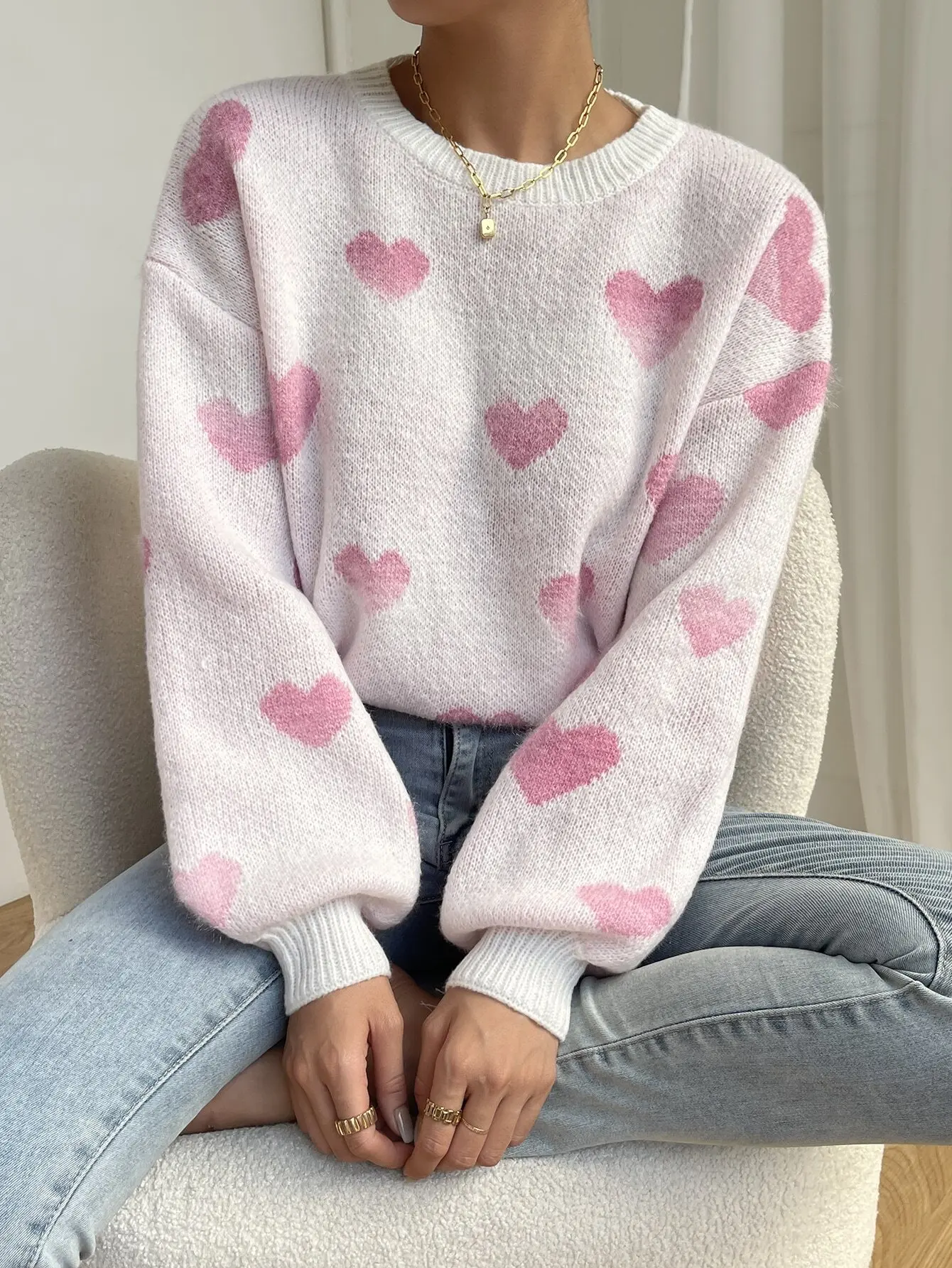 

Pink Heart Print Drop Shoulder Knit Sweater, Long Sleeve Cozy Pullover for Fall Winter