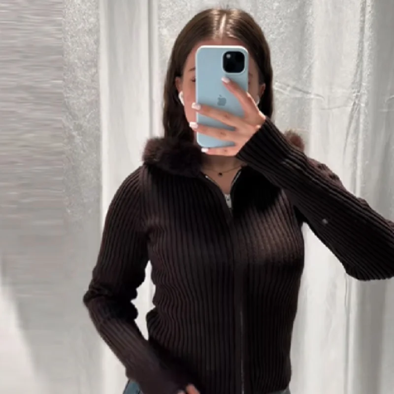 

Модный вязаный свитер с капюшоном из искусственного меха для женщин, однотонные топы с длинными рукавами, осень-зима, шикарный повседневный кардиган на молнии с полной молнией