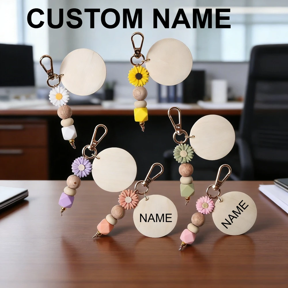 

Handmade Wood Beads Key Chain Ring DIY Daisy Silicone Beaded Keyring Pendant Creative Custom Personalized Name Keychain Gift