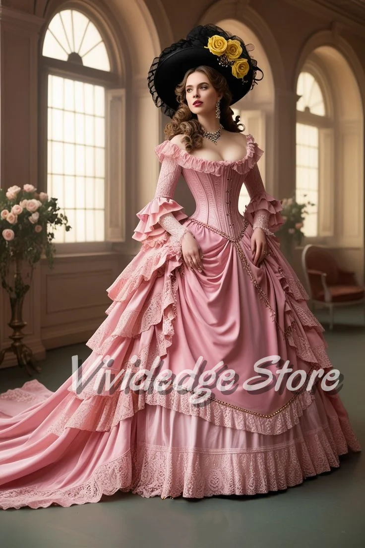 

Customized Luxurious Elegant Vintage Court Noble Ball Gown Snap Shoulder Long Sleeves Lace Ruffles Waist Cinched Corset Train