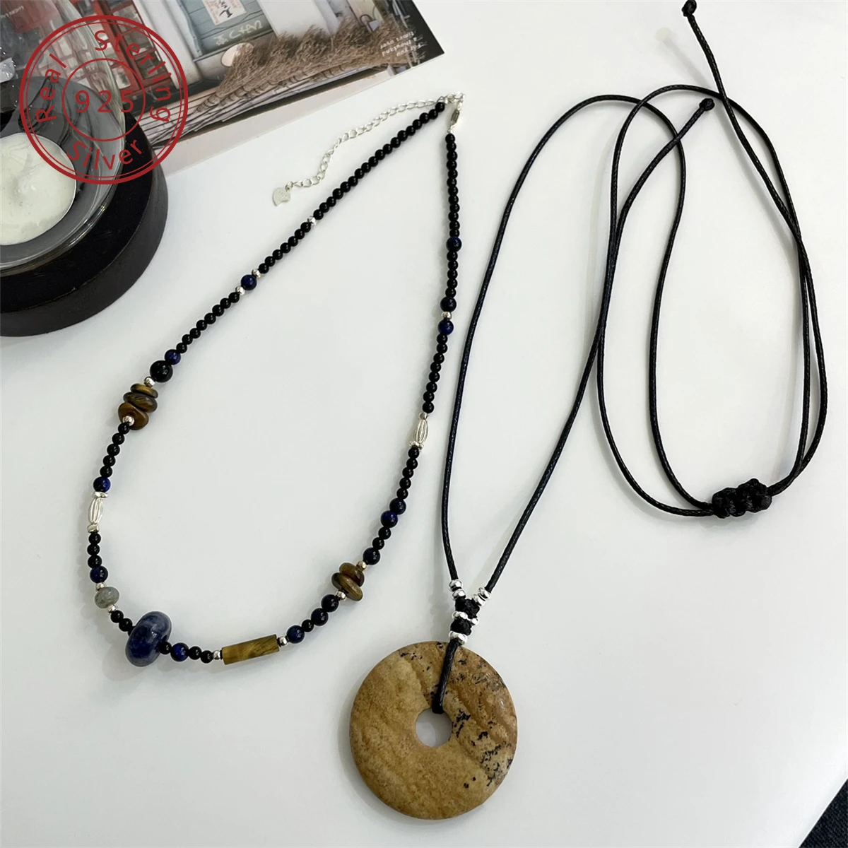 925 silver middle ancient style natural stone agate beaded necklace and natural picture stone ping an buckle leather rope