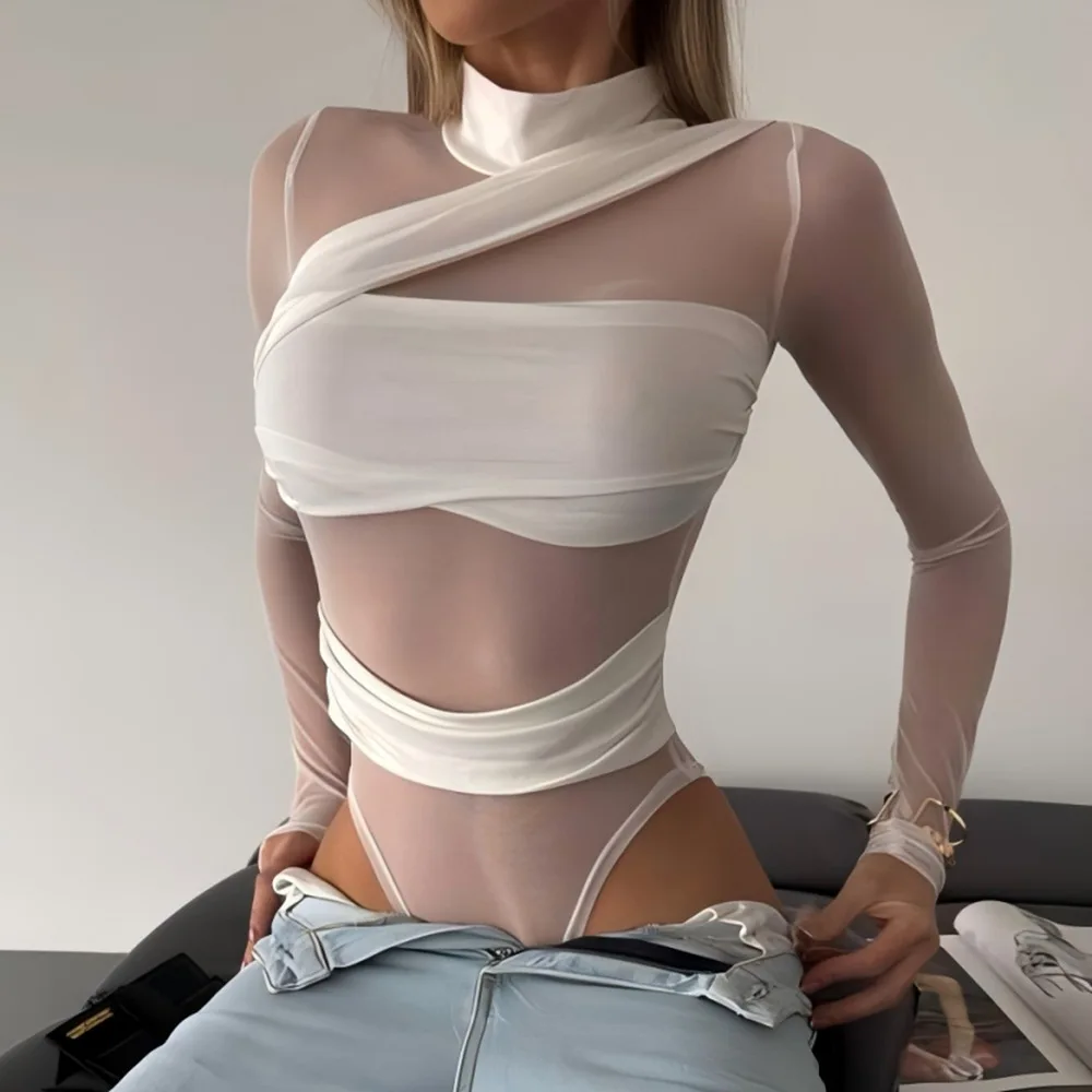 Image of Neuer 2026 Weißer Bandage-Bodysuit für Damen, Transparenter Sexy Slim Stretchy Jumpsuit, Top T-Shirt mit Langen Ärmeln, Design 66005