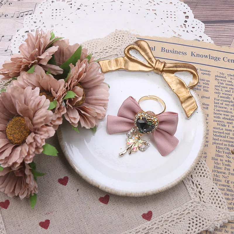 Y2K Girl Rings Bow Women's Rings Lolita Style Accessories Sweet Cute Heart Ring Rhinestone Bowknot Pendant Jirai Ring