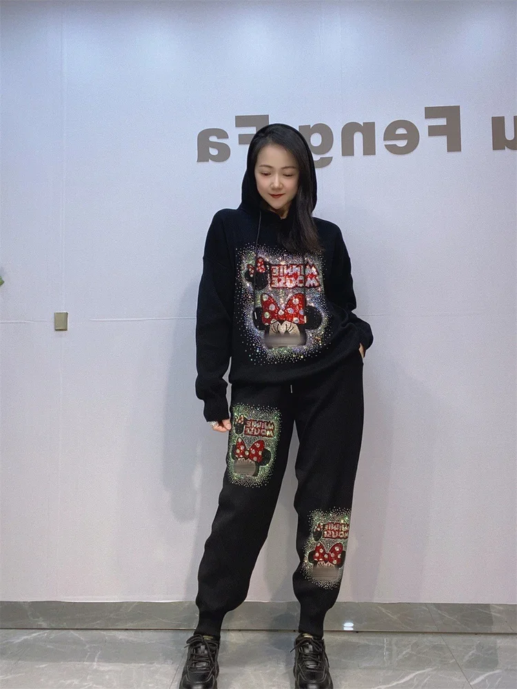 

Spring Autumn Casual Knitted Hooded Long Sve Top And Pants Two Piece Set Women's Rhinestone Set Long Pants Trendy Cross Bo...