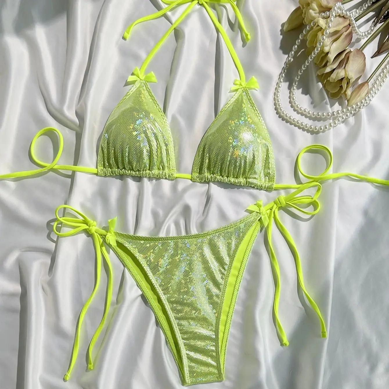 

DEKA Shiny Bikini Set Triangle Bandage Swimsuit Women Swimwear Summer Biquini Beachwear Long String Bow Swimsuit Beachwear Suits