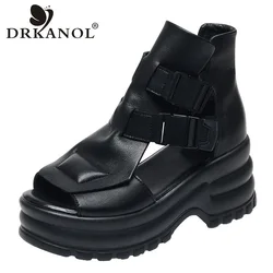 DRKANOL 2024 Chunky Gladiator Sandals For Women Summer Open Toe Genuine Leather Wedges Height Increasing Buckle Roman Cool Boots