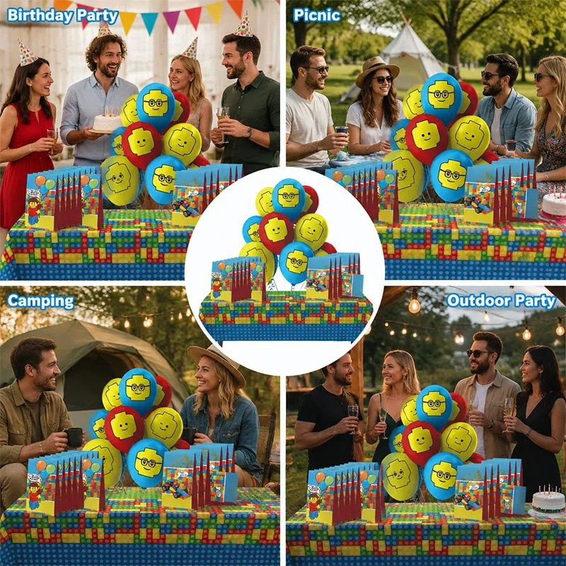 Building Block Combination Set Birthday Party Supplies Paper Bag Tablecloth Balloon Easy To Carry And Use Perfect Decorations view 4