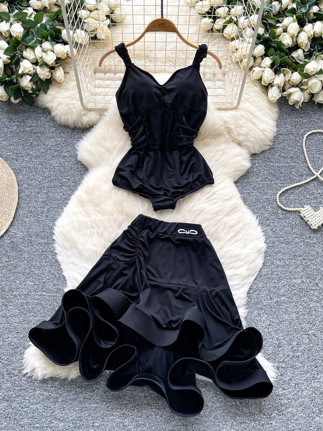 

Pure Desire Girl Sle Set Women Summer Lace Knot Strap Onesie High Waist Flounce Hem f Skirt Faionable Casual Commute