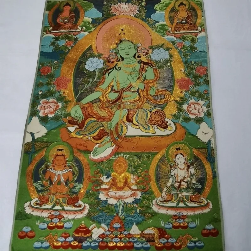 Tibetan Buddhism Green Tara Guanyin Tangka Brocade Embroidery Wall Hanging Mural Home Buddhist Hall Wall Decoration Painting