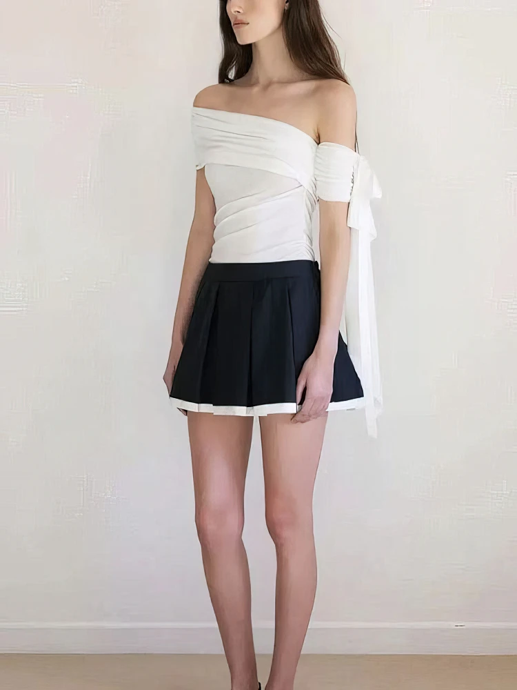 White Ribbon Off Shoulder Top Women Bow Tied One Shoulder Short Sleeve T Shirt Designer Wrinkle Slim Fit Crop Top Shirt Korean view 5