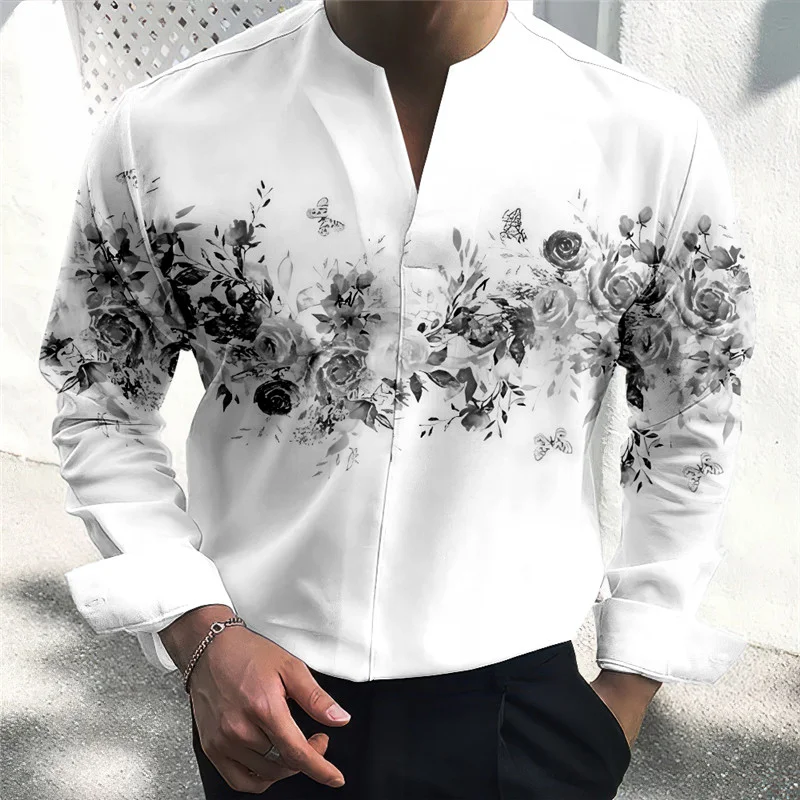 Chemise à imprimé graphique floral pour hommes, col montant, rue en plein air, manches longues, vêtements décontractés, mode de créateur, confort