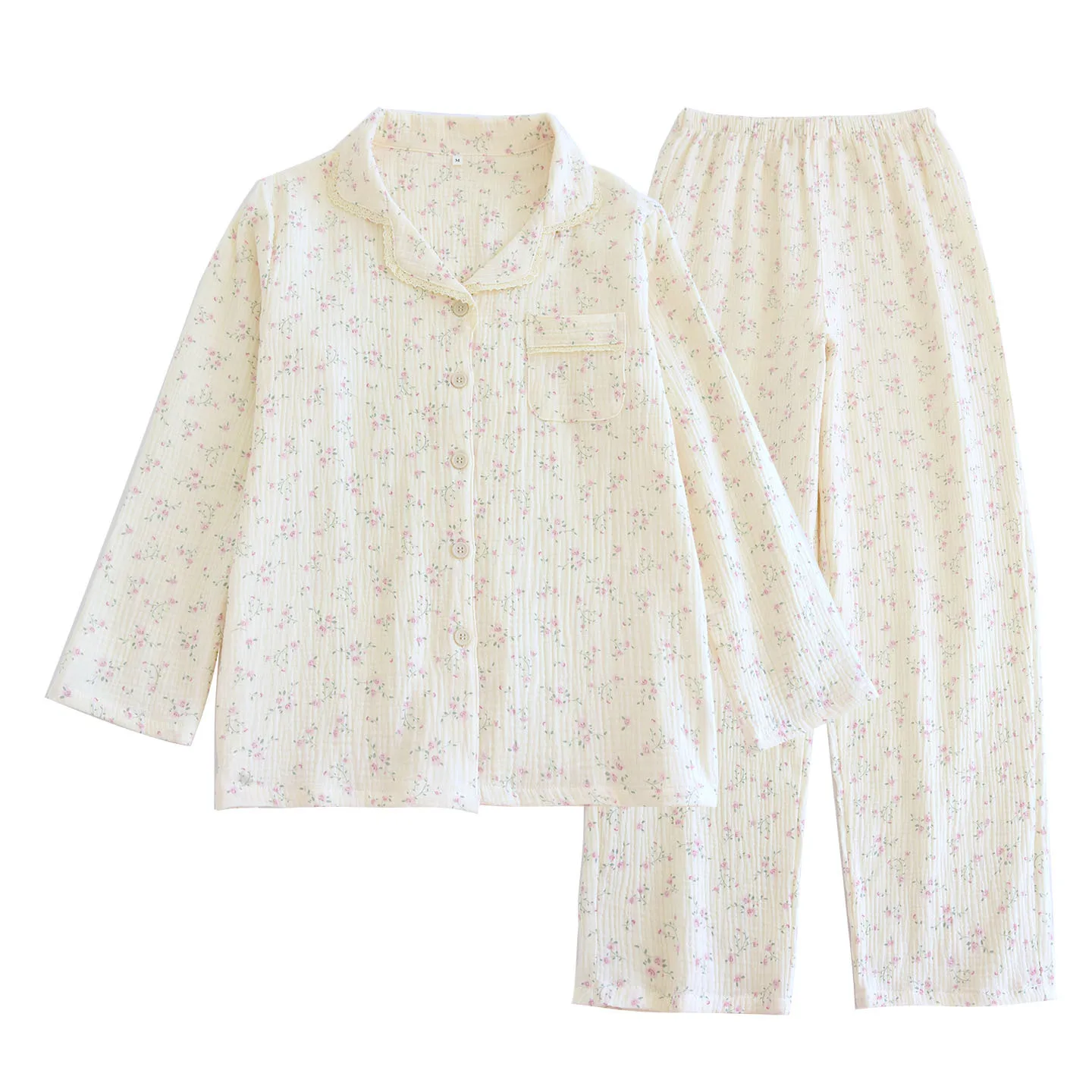 

Women's Print Floral Crepe Cotton Long Sleeved Pants 2 Pcs Pajamas Set for Spring Summer Thin Cotton Home Wear Loose Pyjama Set