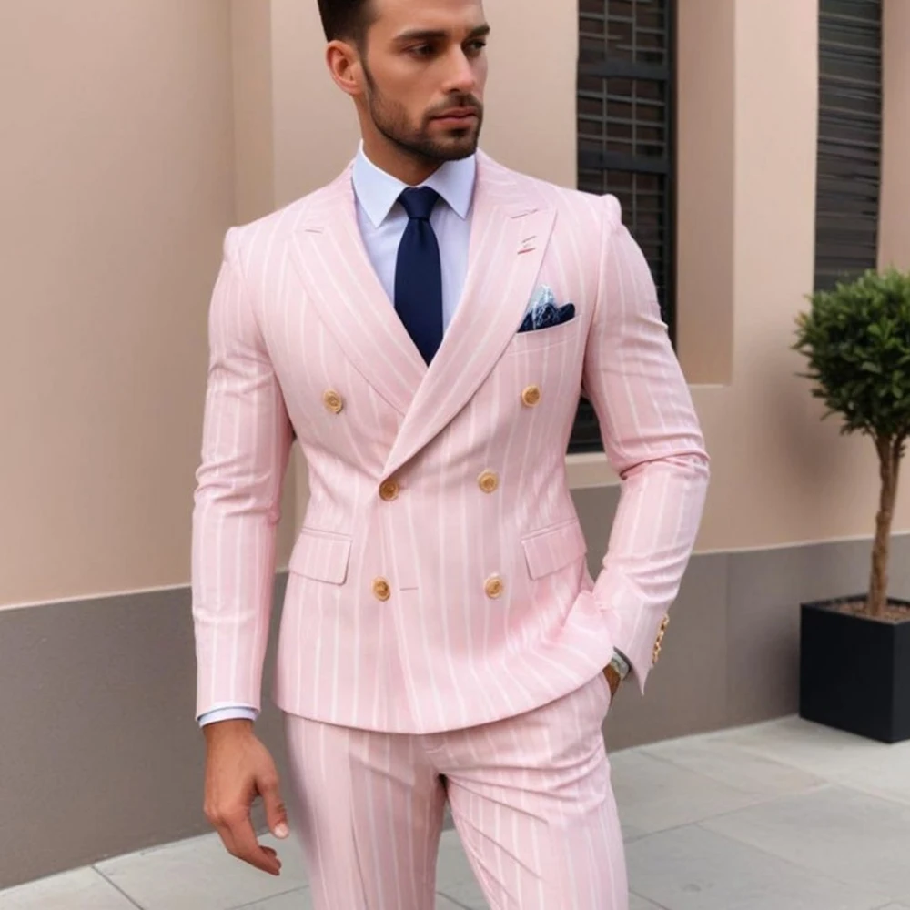 Formal Men\'s Suits Pink Stripe Double Breasted Peak Lapel Blazer High Quality Wedding 2 Piece Jacket Pants Classic Outfits Sets