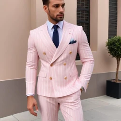 Formal Men's Suits Pink Stripe Double Breasted Peak Lapel Blazer High Quality Wedding 2 Piece Jacket Pants Classic Outfits Sets