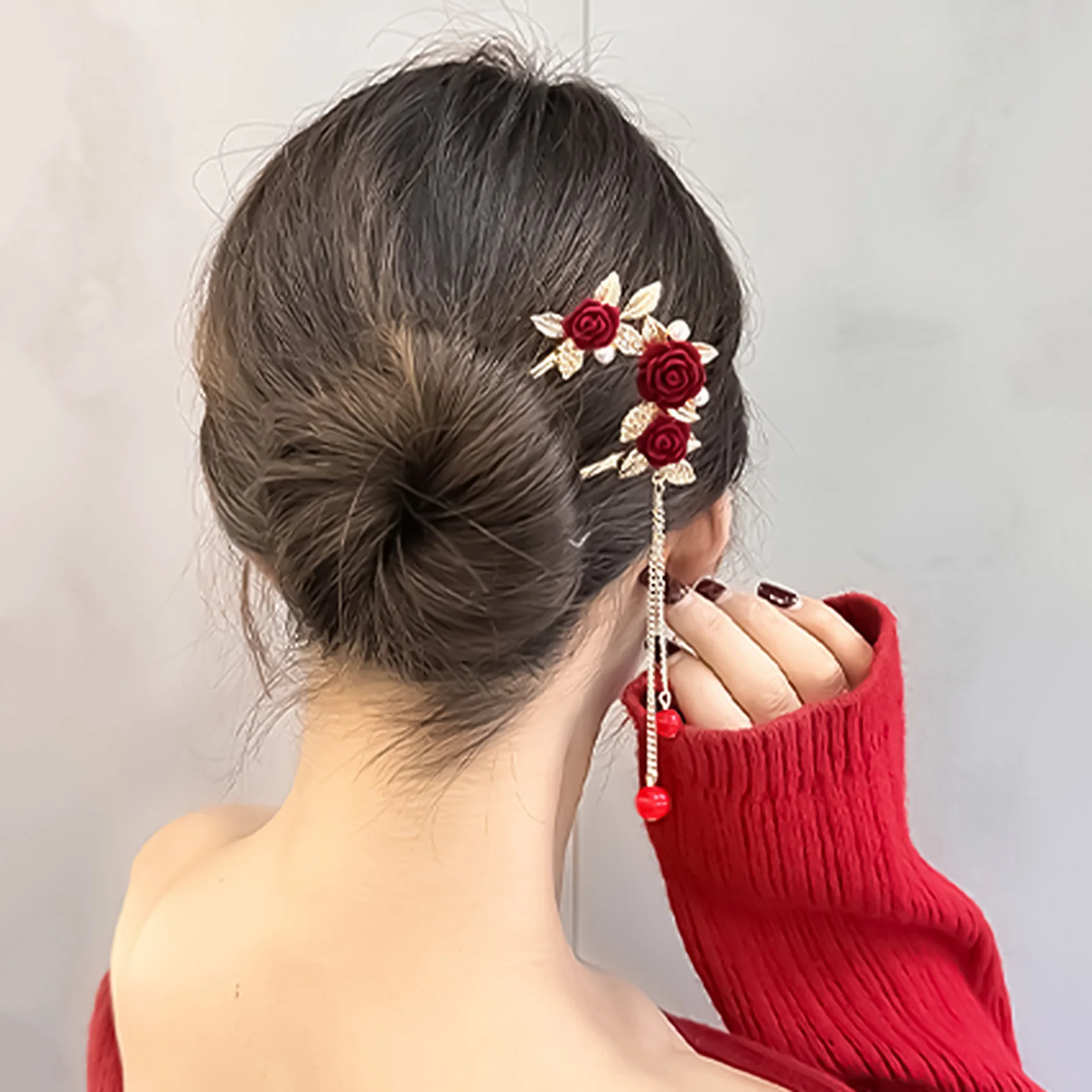 Grampo de cabelo com borla de flor vermelha, liga vintage para mulheres, meninas, grampo de cabelo, fantasia, estilo chinês, joias hanfu, acessórios para cabelo