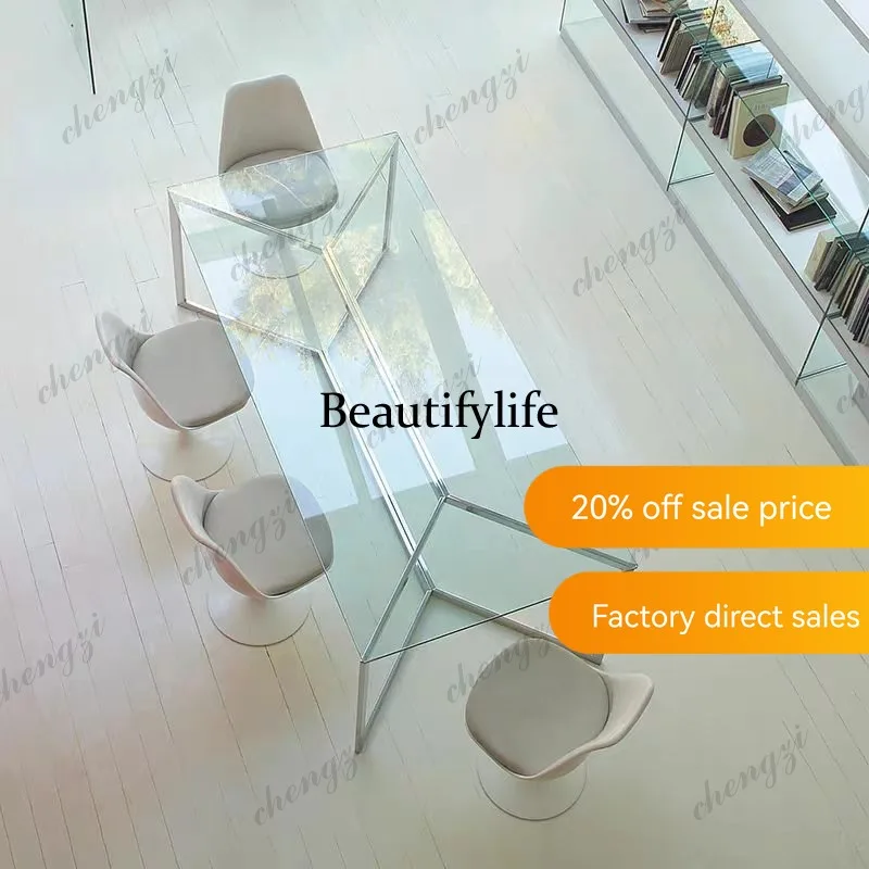 JJ132 Italian creative stainless steel long ultra-white tempered glass dining table tea table office conference table