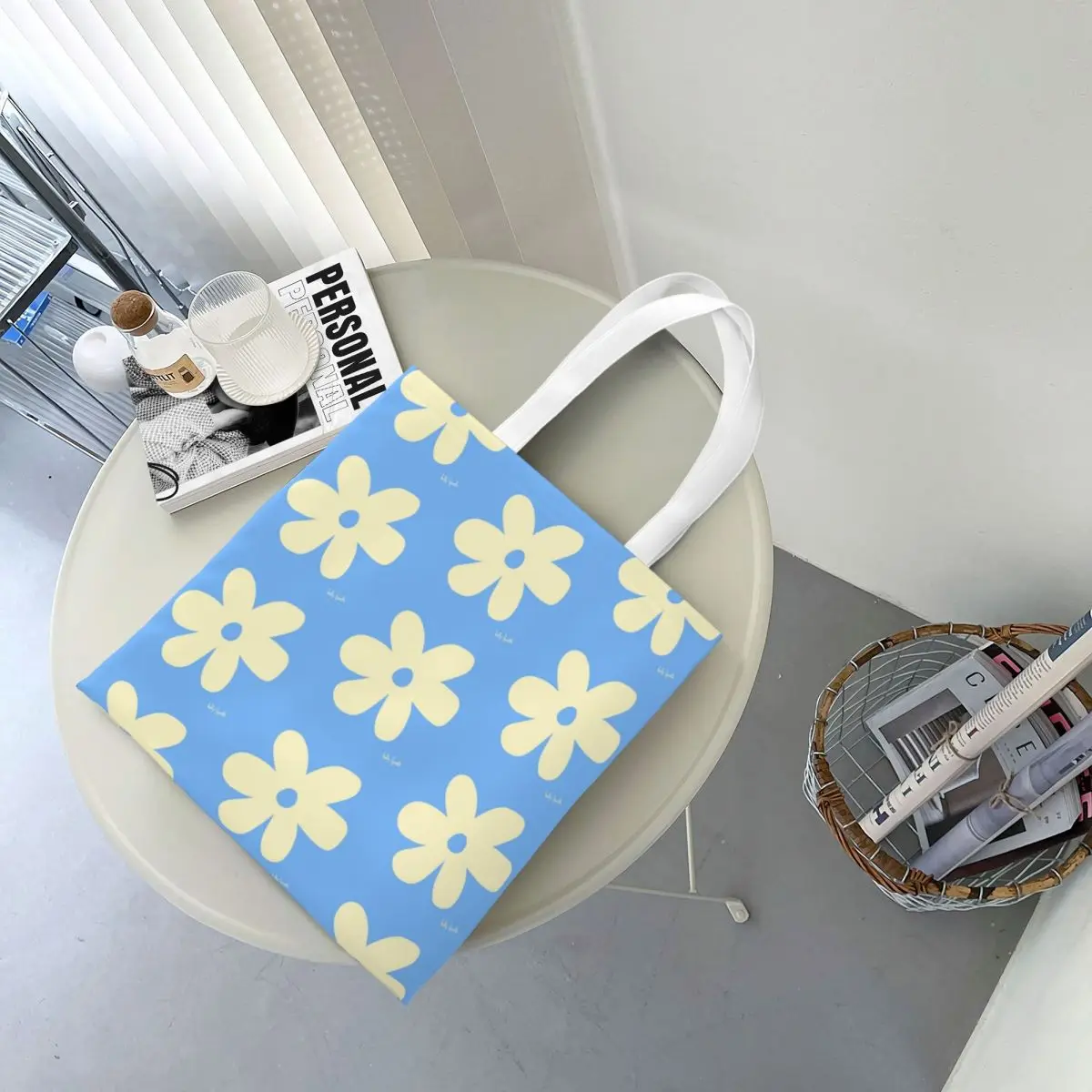 Bolso de lona con estampado de flores para hombre y mujer, bolsa de mano reutilizable de gran capacidad, colorida, de tendencia, color azul Pastel