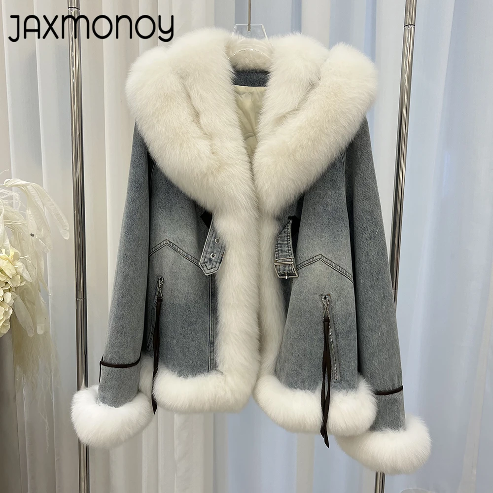 

Jaxmonoy Women's Down Jacket Luxury Real Fox Fur Trim Denim Jackets with Down Liner Ladies Fashion Down Coats 2024 New Arrival