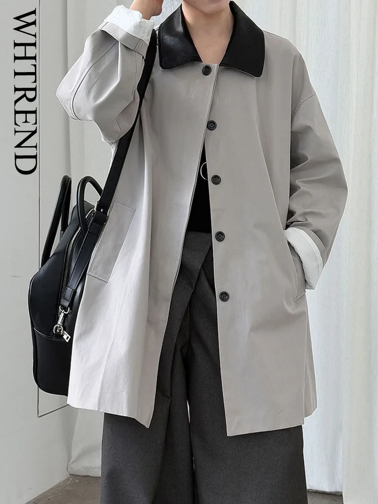 

WHTREND Korean Style Mid-Length Color Block High-End windbreaker Coat for Women fashion Autumn Trench jacket Coats WH1265