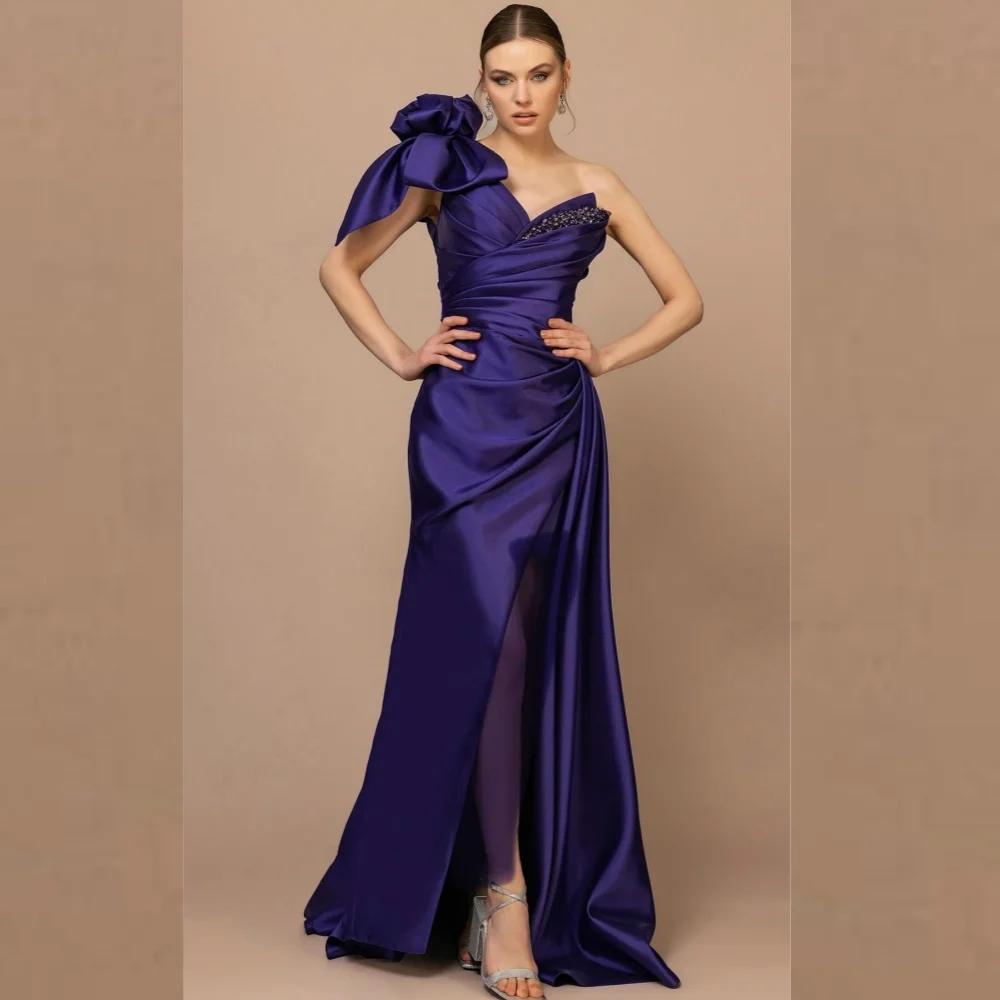 

Satin Handmade Flower Beading Homecoming Sheath One-shoulder Bespoke Occasion Gown Long Dresses