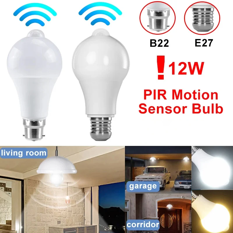 Bombilla LED con Sensor de movimiento E27 de 12W, lámpara LED con Sensor PIR, luz B22, Detector de movimiento por radiación infrarroja, focos para el hogar