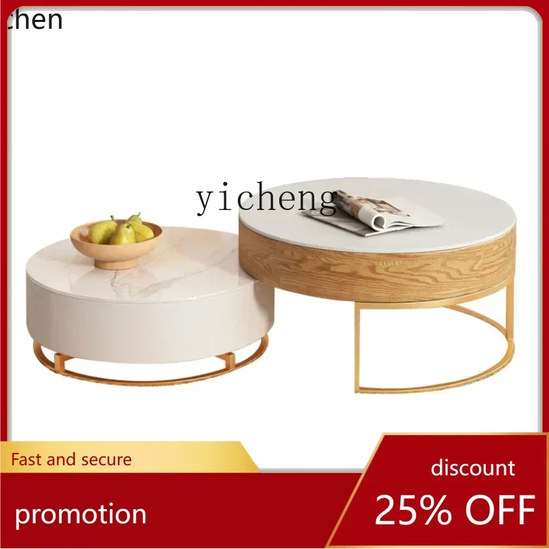 ZMLlight luxury minimalist rock slab lifting coffee table rotating combination modern simple log wind round