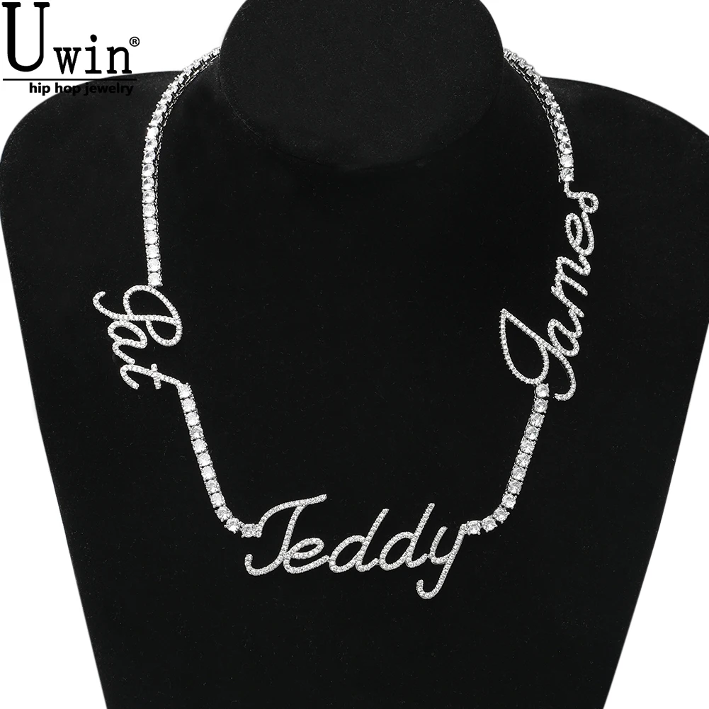 

Uwin Custom 3 Nameplates in Cursive With Tennis Chain Iced Out Cubic Zircon Artistic Font Letters Charm Hiphop Jewelry