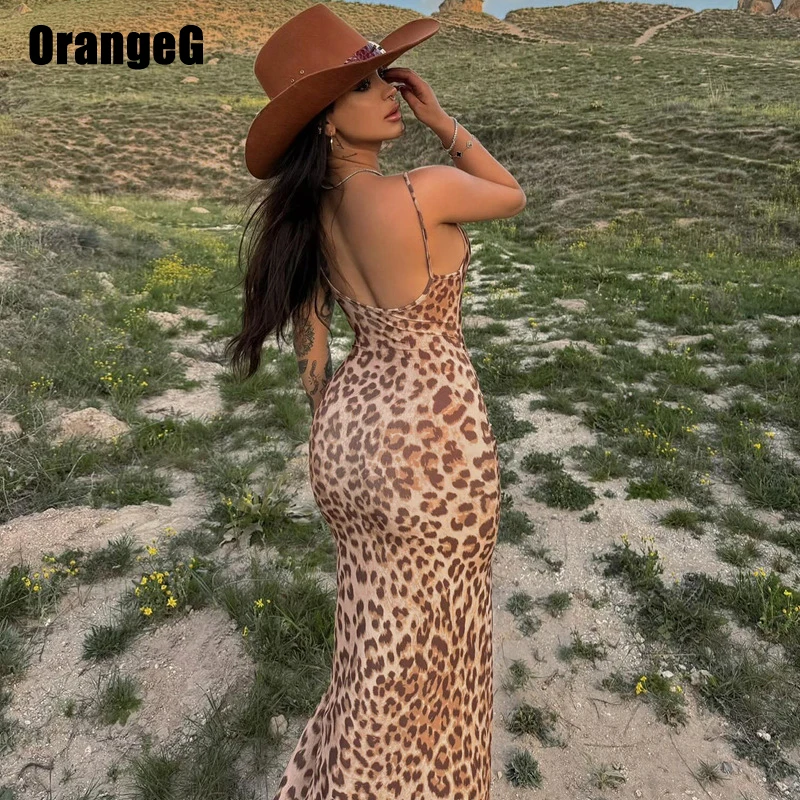 OrangeG Leopard High Slit Women Dress Spaghetti Strap scollo a V Scoop Back senza maniche Bodycon Elegance abiti graziosi costumi