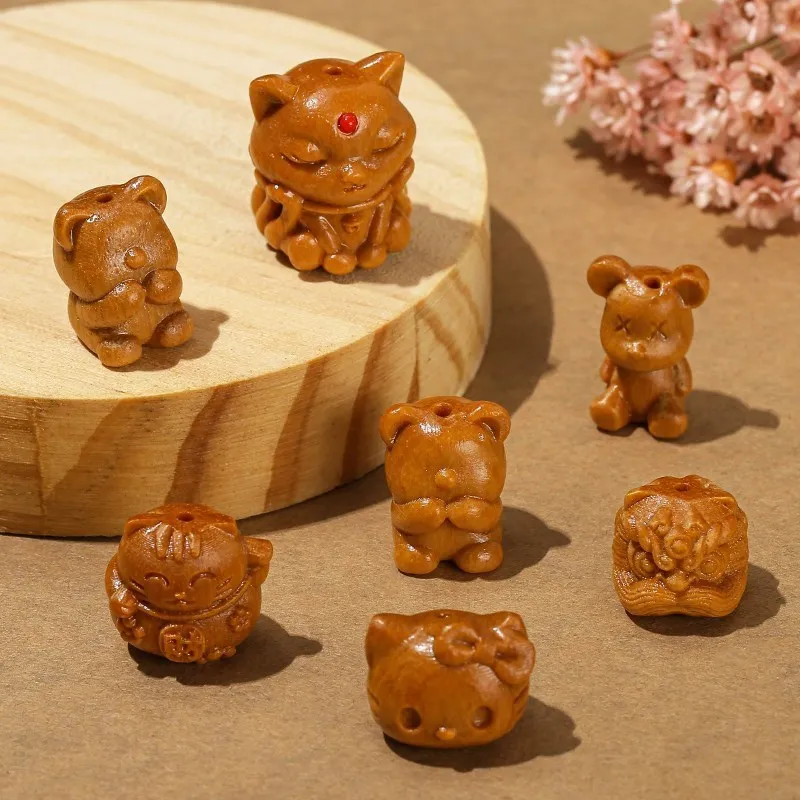 1 Pc Natural Sandalwood Carving Mini Cute Cat Head Paw Animal Bead Cartoon Pendant With Hole For Jewelry Making Diy Accessory