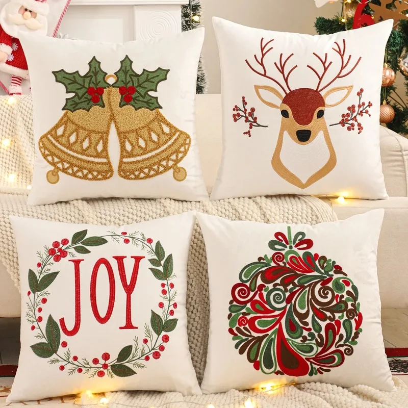 Christmas Reindeer Embroidery Velvet Throw Pillow Cover Soft Winter Home Decor for Sofa Living Room Farmhouse Style