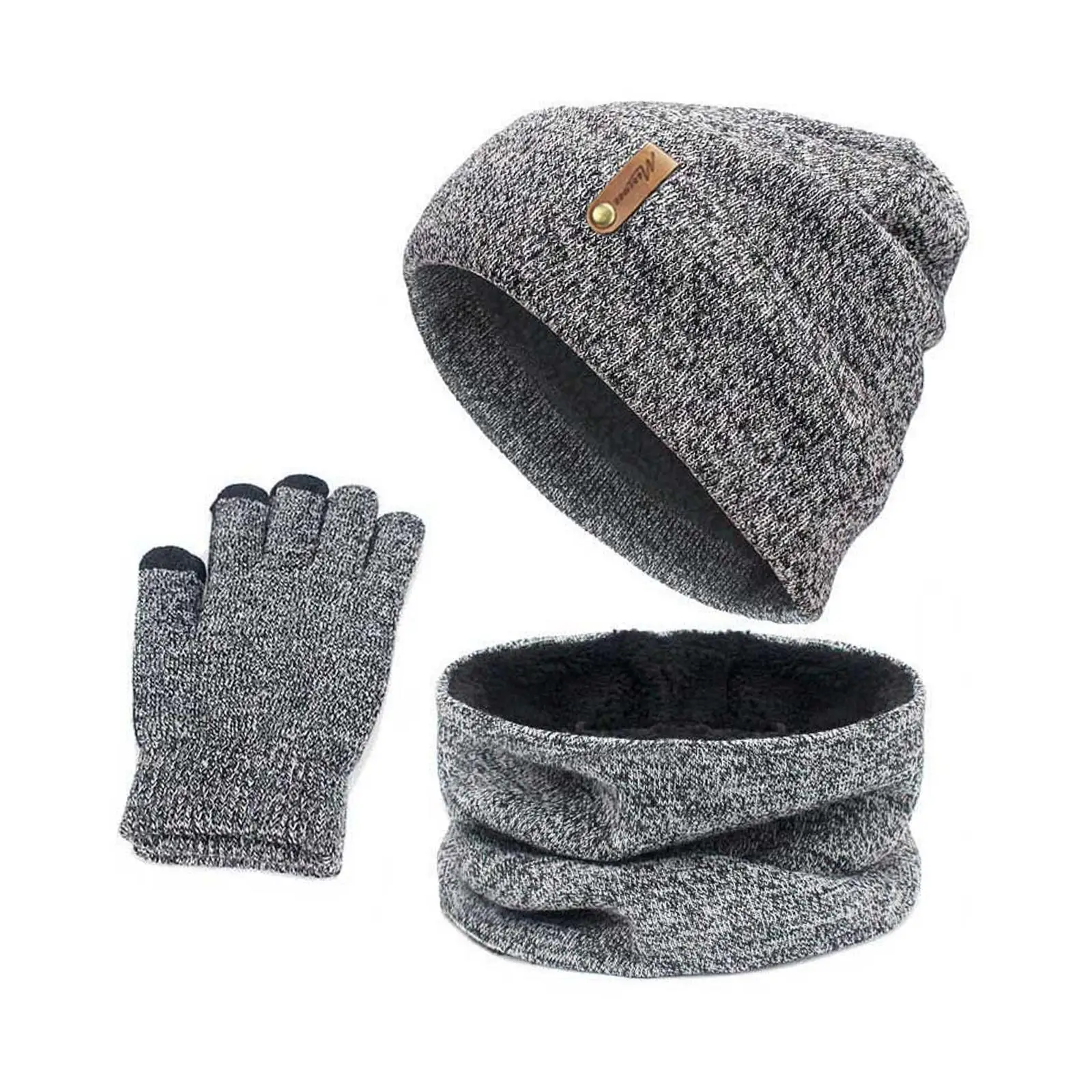 3pcs Set Mens Girls Beanie Hat Neck Scarf Knitted Gloves Set Winter Warmer