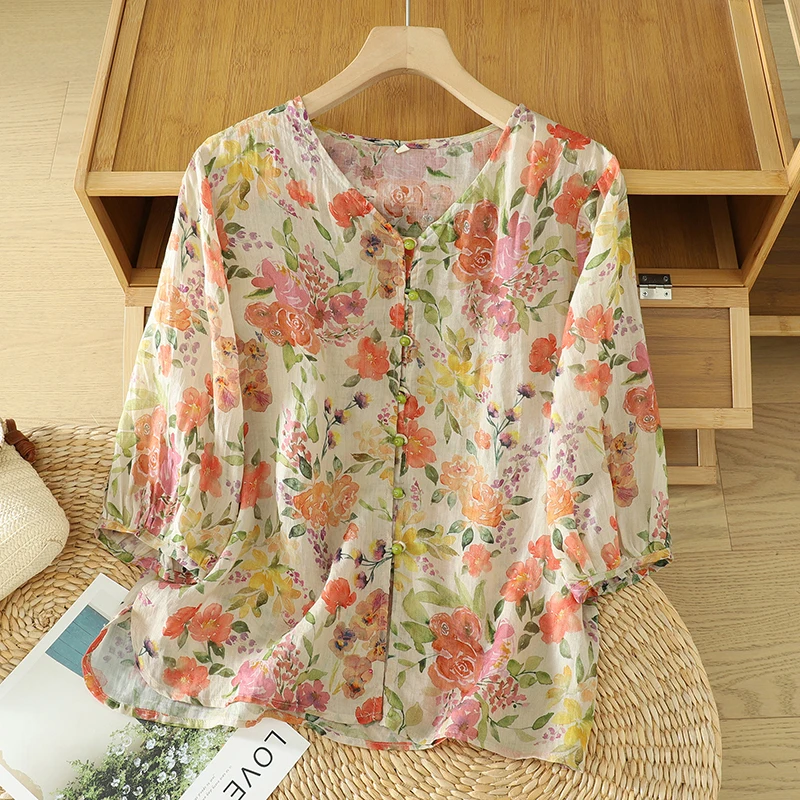 Summer Lightweight V-Ne Casual Sle Polyester Linen Blend Floral Open Cardigan ort Sve High Quali Women's irt