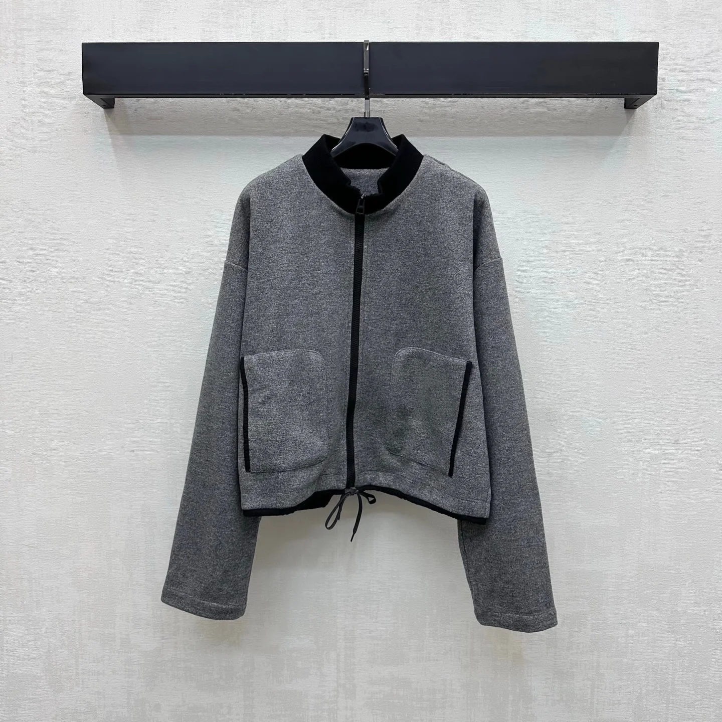 2026 New Beige Contrast Color Buttoned Collar Jacket - Blend of Wool with Drawstrings, Two Pockets with Contrast Edges, Long Sle