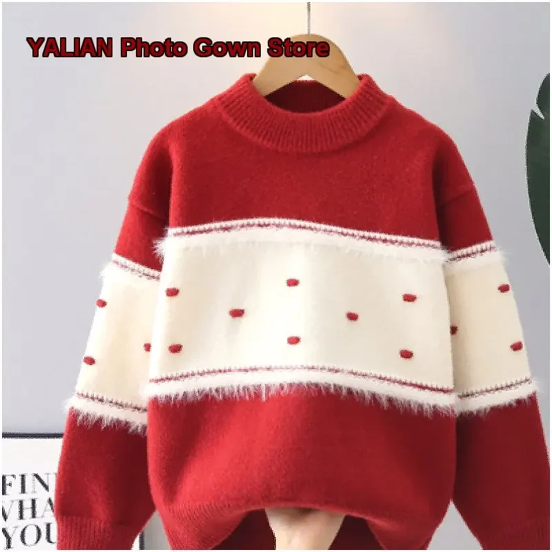 Girls Turtleneck Sweater Kids Winter Thickened Cashmere Knit Top Solid Color Warm Older Kids