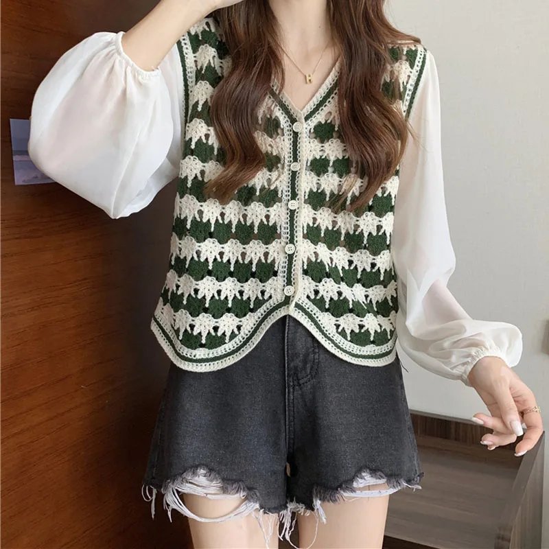 Boring Honey Hollow Out Crochet Long Sleeve Clothes For Women Chiffon Sleeve Splicing Fashion Women Blouses Single-Breasted Tops