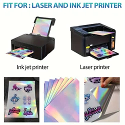 10 Sheets of Rainbow Holographic Vinyl Sticker Paper - Waterproof, Glossy, Quick-Drying, Compatible with Inkjet & Laser Printer