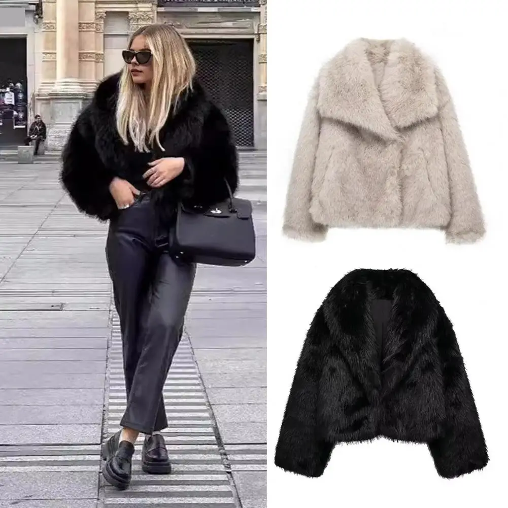 Lapel Collar Jacket Elegant Faux Fur Cardigan Coat For Women Plush Winter Jacket With Turn-down Collar Long Sleeves Stylish