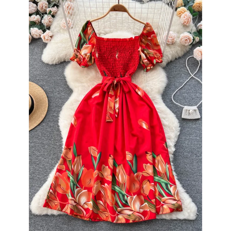 INS femmes été chic mince imprimé floral bandage robe midi décontracté col carré streetwear a-ligne vestido de festa robe de plage
