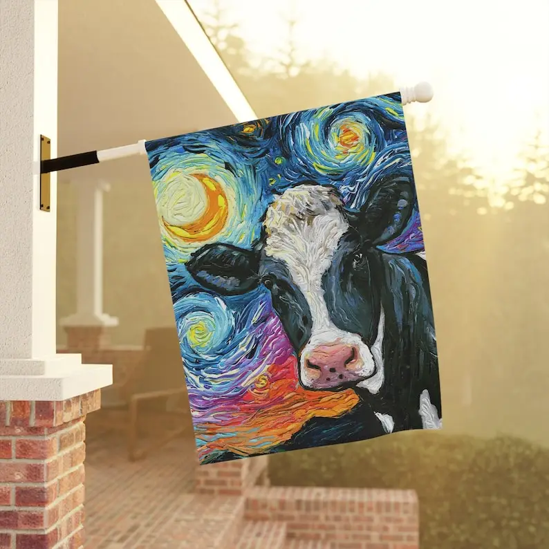 Holstein Black And White Cow Farm Animal Starry Night Yard and House Flags Double Sided Printing Art By Aja Outdoor Decor Lawn G