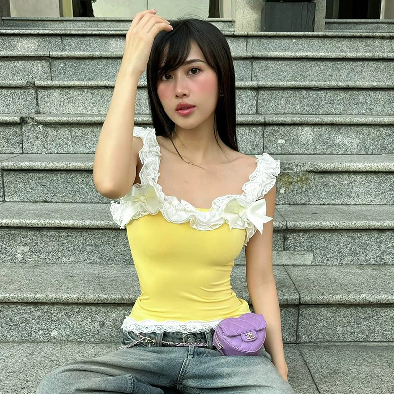 CUTENOVA 2024 Summer Fairies Light Yellow T-Shirt Solid Color Off Shoulder Gossip Lace Slim Crop Tops Casual Cute Sexy Sweet