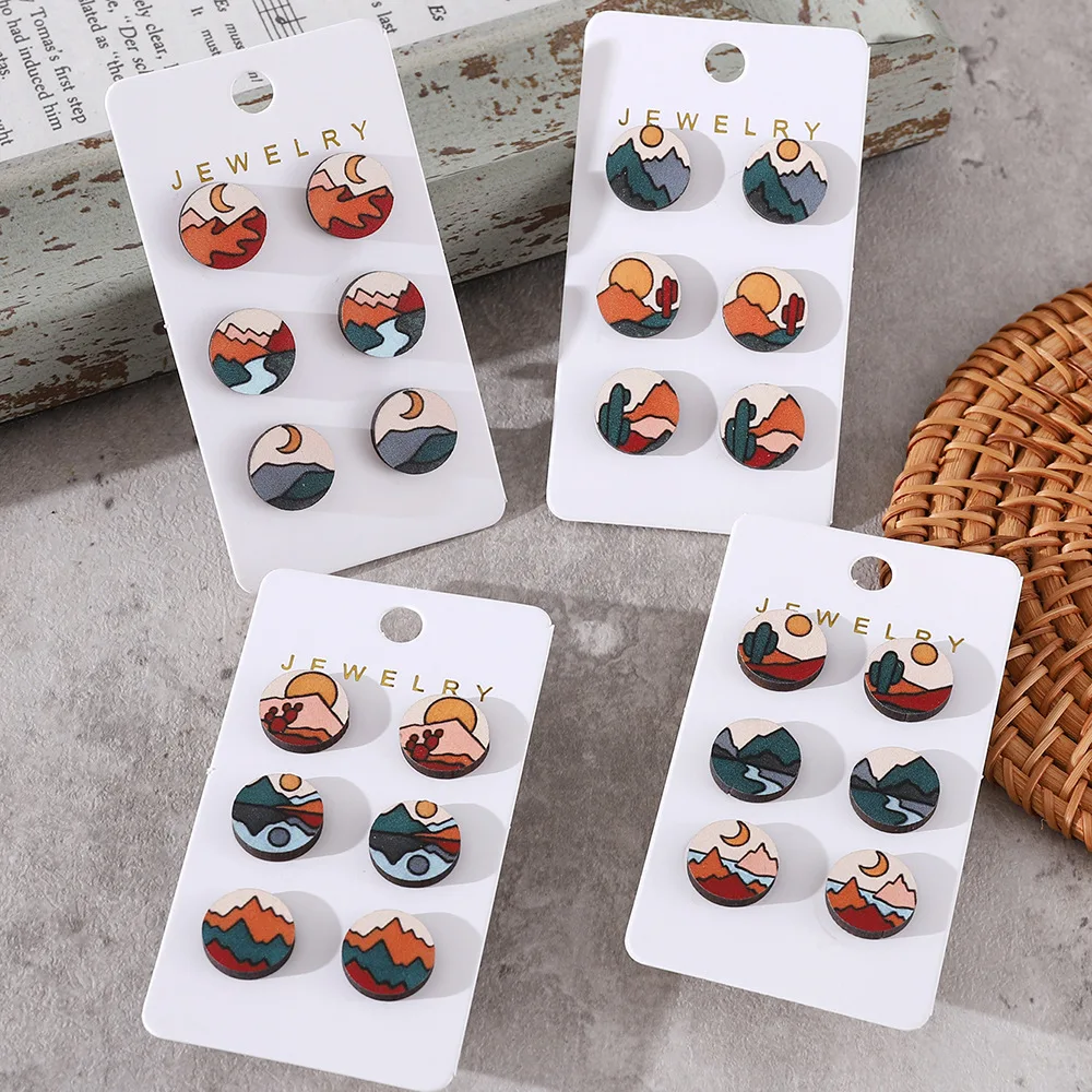New Bohemian Abstract Sun Mountain River Simple Landscape Earnail Set Wooden Landscape Earnail Earrings Decorative Gift