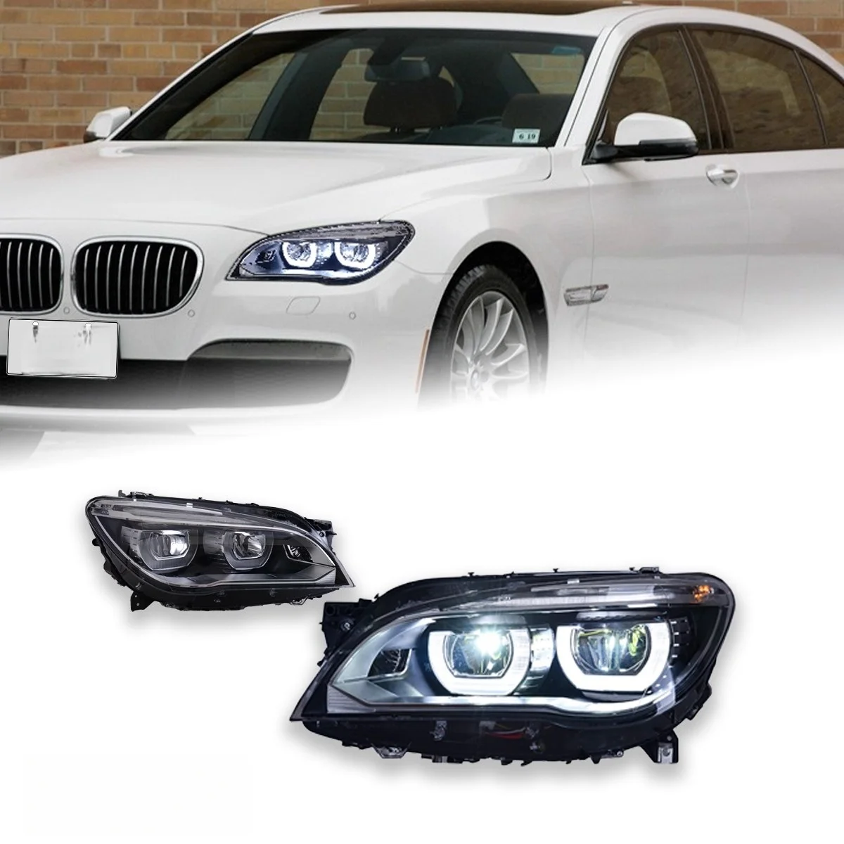 

Светодиодные фары для BMW 7 серии, комплект фар с LED-линзами, дневные ходовые огни, последовательные поворотники, 2009-2015 гг.