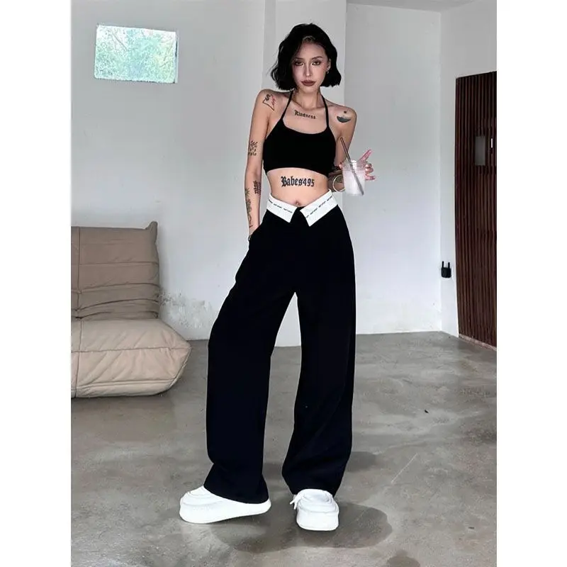 

American Style Retro Black Flanging Suit Pants for Women Fashion Trend Streetwear Loose Straight Leg Pants for Spring and Summer