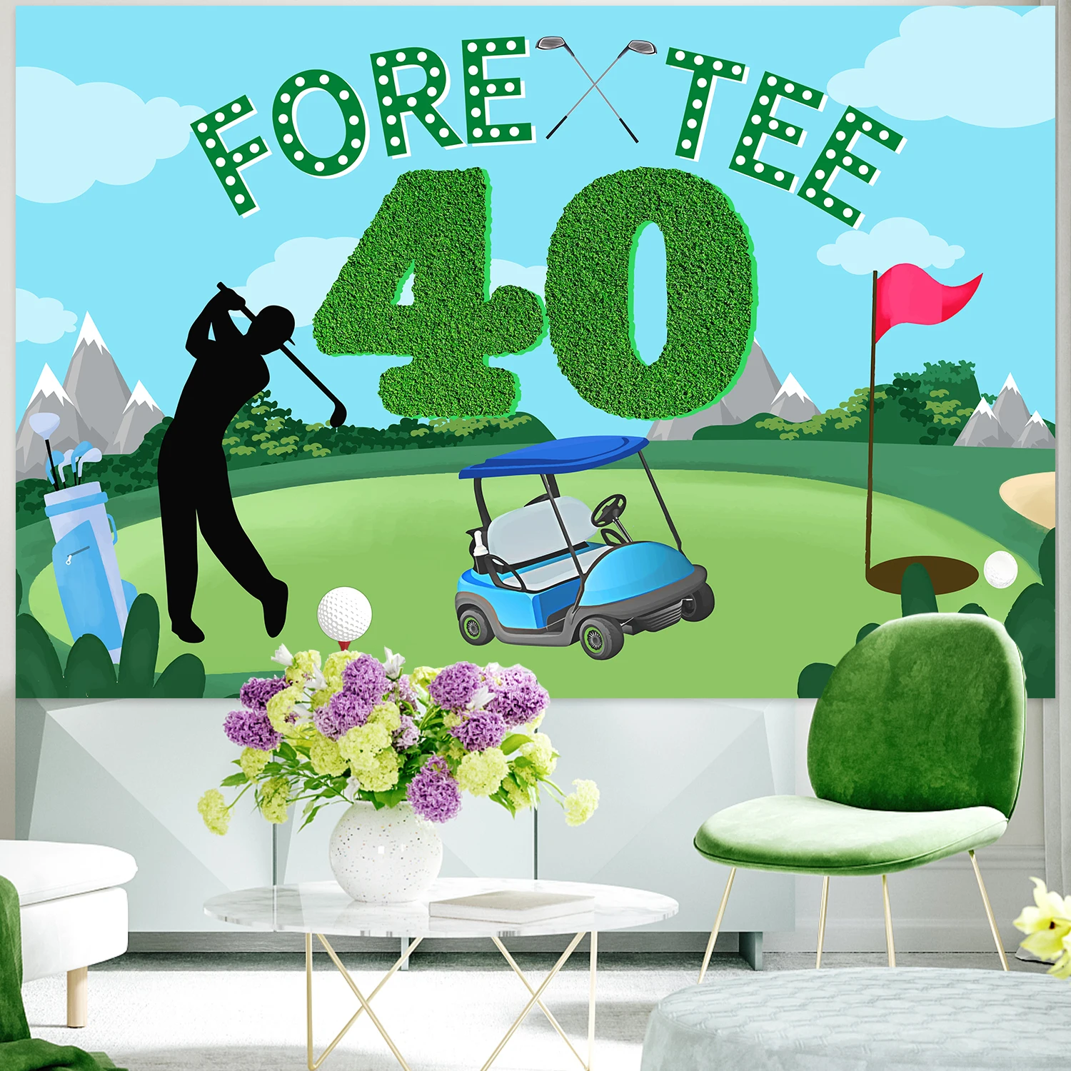 Green and White Golf Fore Tee Theme Background Cloth, 40th Birthday Backdrop, Party Decor Supplies for Adults