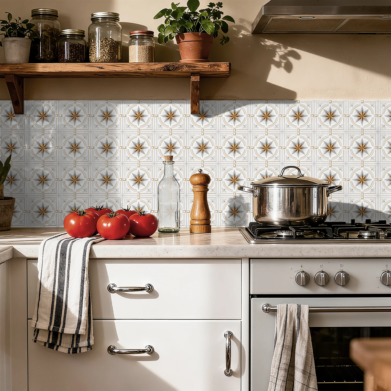 24pcs Classic Off-White Self-Adhesive Wall Stickers, Removable and Waterproof, Kitchen and Bathroom Decorative Stickers,
