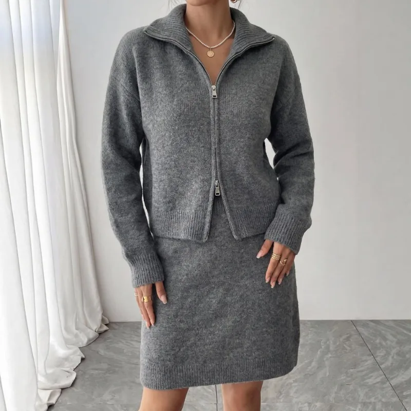 Women Zip Up Collar Knit Matching Sets Cropped Cardigan High Waist Mini Skirts Autumn Winter Two Piece Set Basic Knitted Outfit