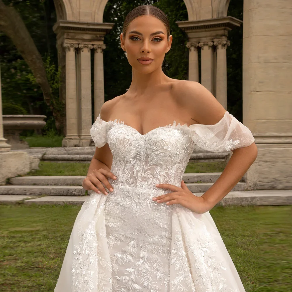 فستان زفاف فاخر مخصص بدون أكتاف حورية البحر رائع على شكل قلب مزين بالخرز فستان العروس الأميرة فيستدو دي نويفا